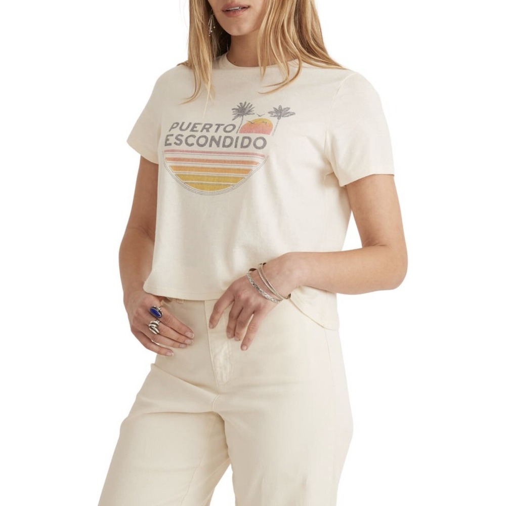 Marine Layer Women's Medium Yellow Puerto Escondido Graphic Crop T-Shirt NWT - Picture 2 of 14